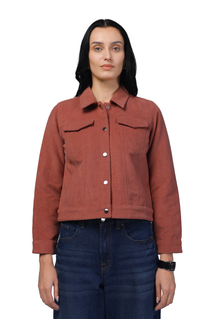 Women Shirt Collar Short Jacket In Bonded Suede Fabric - Pink
